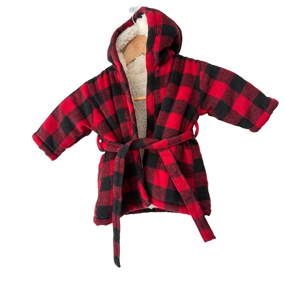 Indigo Red and Black Plaid Sherpa Lined Baby Robe 0-12m